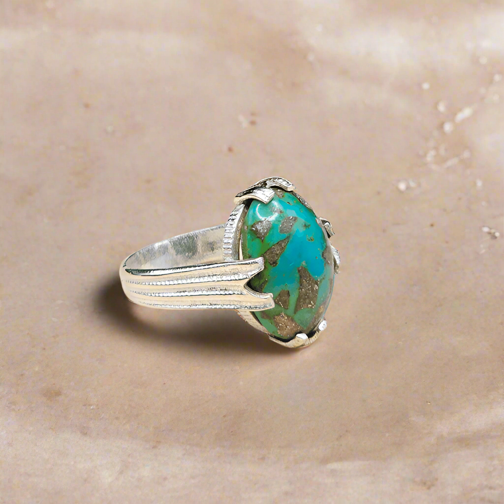 Handcrafted Silver(Chandi) Ring with Natural Turquoise Stone