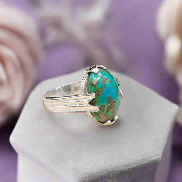 Handcrafted Silver(Chandi) Ring with Natural Turquoise Stone
