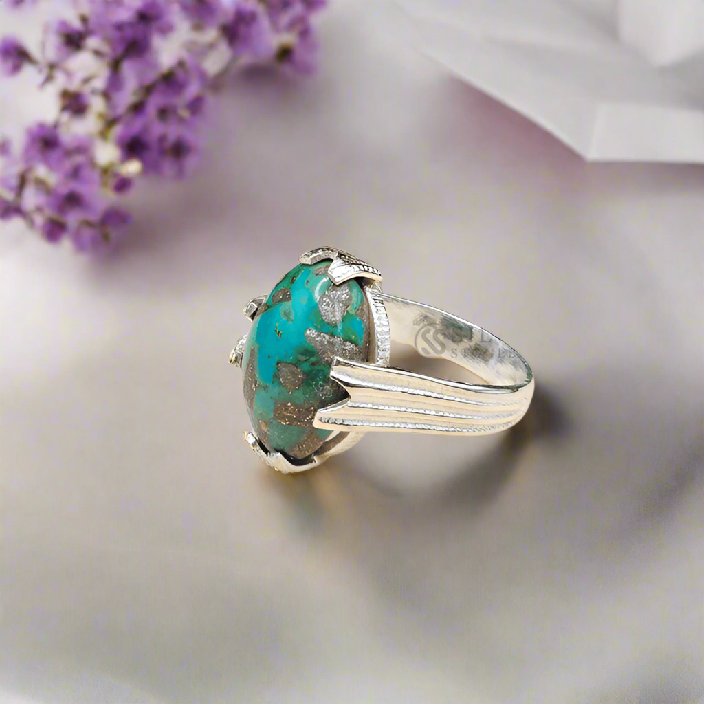 Handcrafted Silver(Chandi) Ring with Natural Turquoise Stone