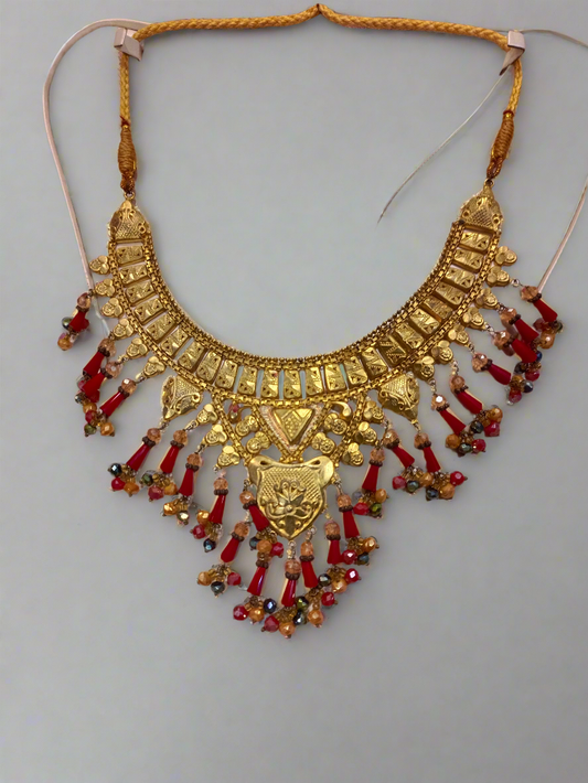 Traditional Gold-Plated Bridal Jewelry Set – Red Beaded Necklace & Earrings
