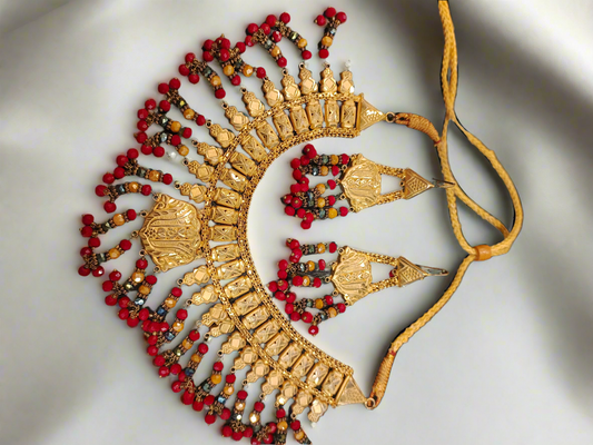 Traditional Gold-Plated Bridal Necklace Set with Earrings – Red & Amber Beads