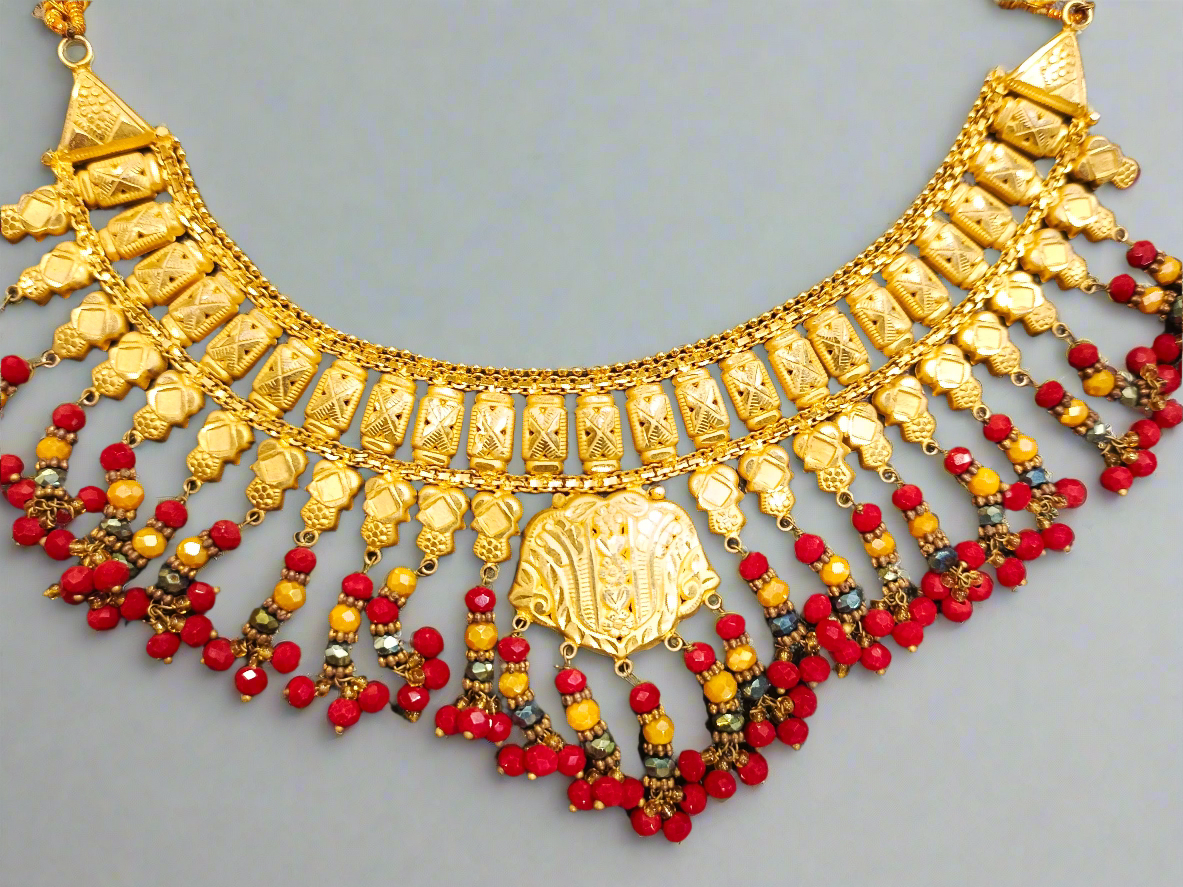 Traditional Gold-Plated Bridal Necklace Set with Earrings – Red & Amber Beads